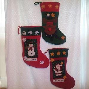 Christmas stocking 3 vintage holiday fabric Rudolph reindeer Santa Snowman 19"